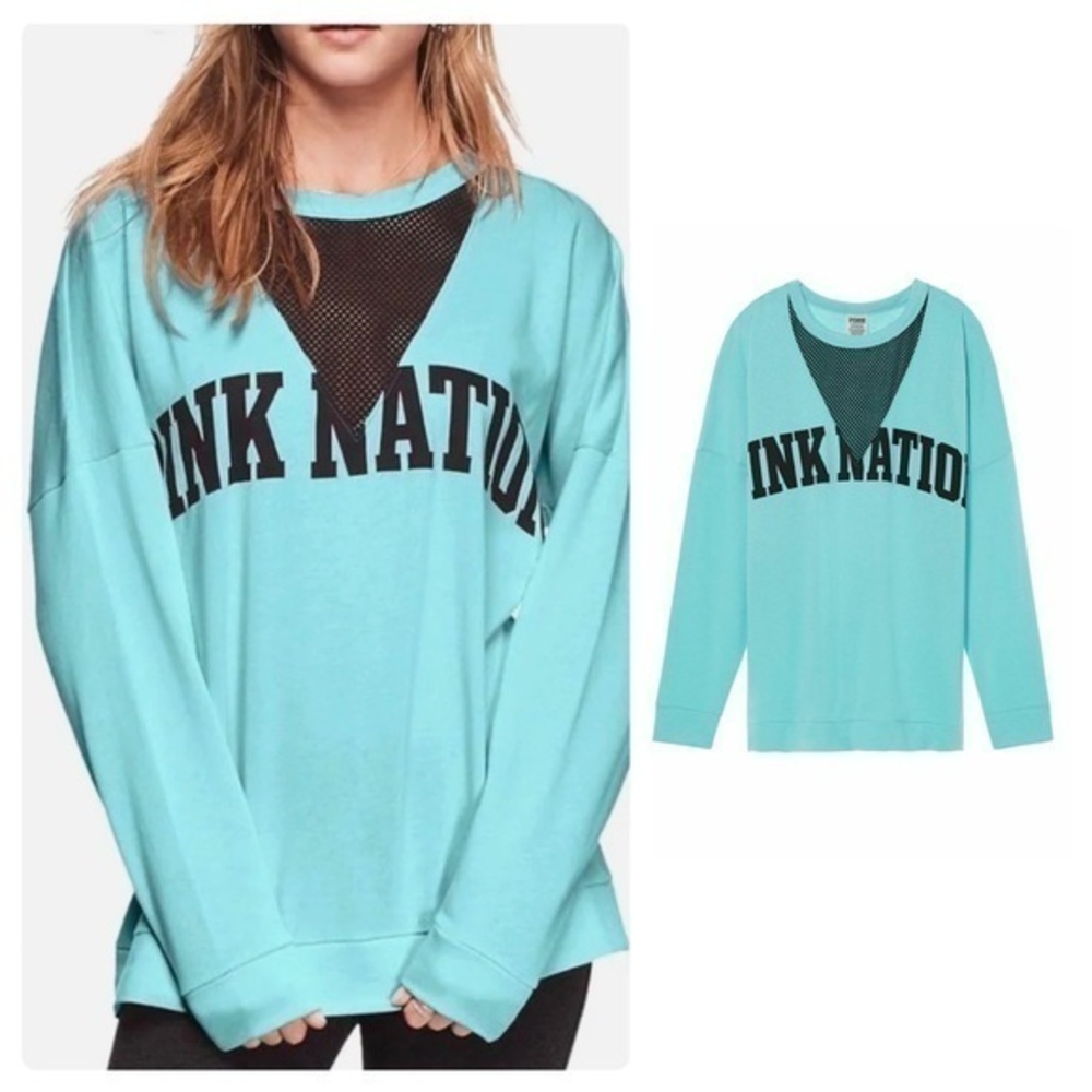 Victoria's Secret Pink Nation Teal Print V Neck Scoop Neck Pullover Sweatshirt